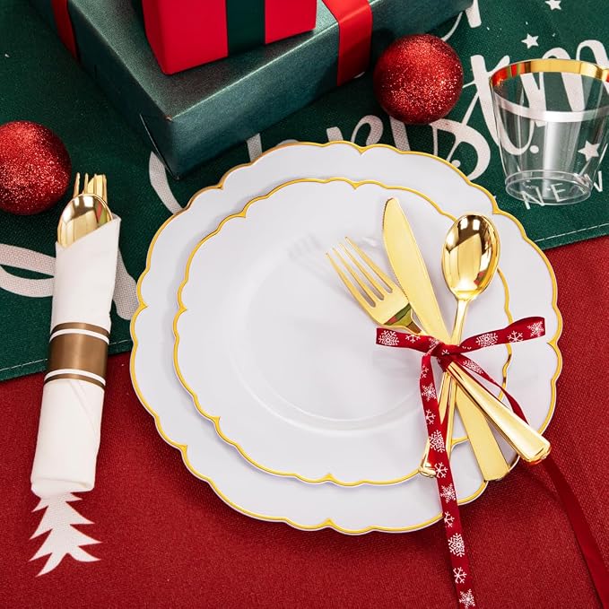 Morejoy 175PCS Gold Plastic Plates，White Gold Disposable Plates Sets | Include - Image 7
