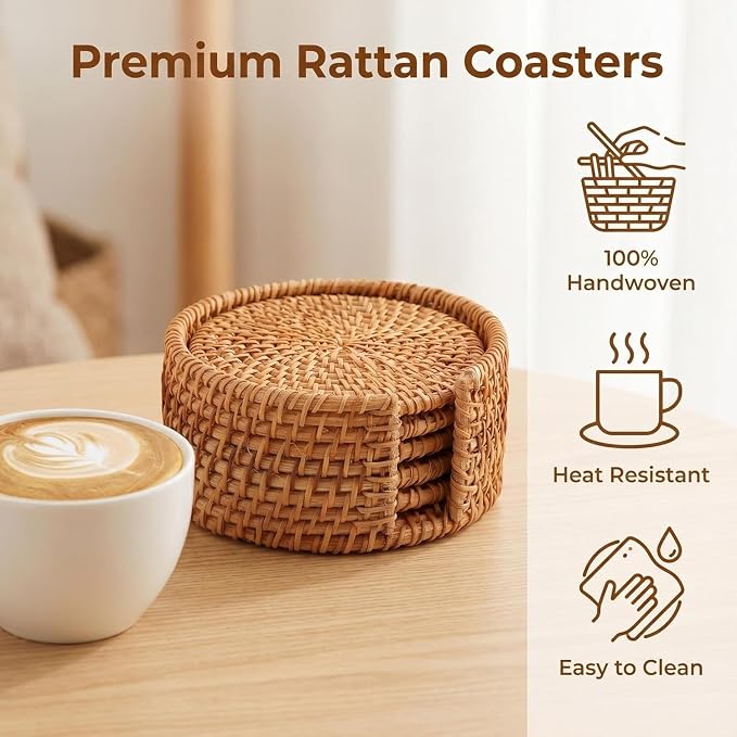 Rattan Coaster Set with Holder, Tabletop Protection, Bohemian Style Home Decor - Image 4