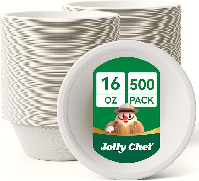 Compostable Disposable Paper Bowl 16 oz Heavy Duty Soup Containers 500 Pack | by JOLLYCHEF