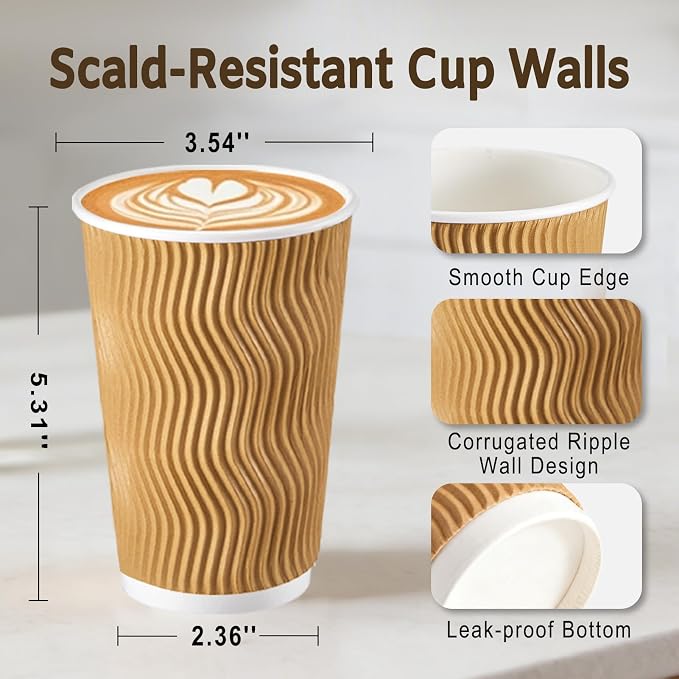 Clawsoff 500 Pack 16oz Insulated Disposable Paper Coffee Cups Champagne | Thick - Image 2