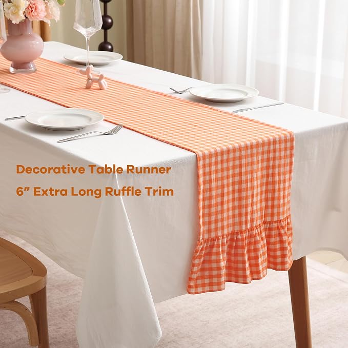Orange White Plaid Gingham Ruffle Table Runner 72 inches Long 100% Washed - Image 3