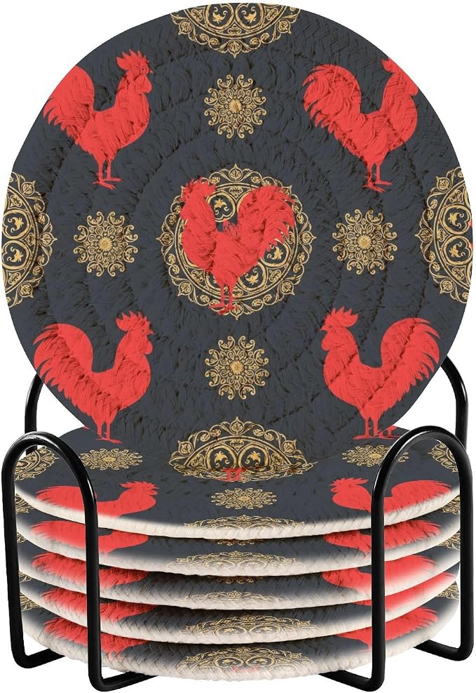 Rooster Mandala Black Print Coasters by Unknown