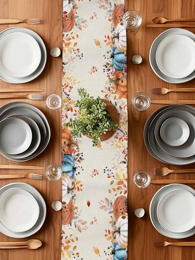 Orange Blue Pumpkin Fall Table Runner 60 Inches Long, Thanksgiving Eucalyptus - Image 7