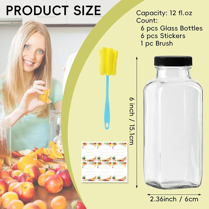 12 oz Glass Juice Bottles with Lids 6-Pack - Image 2