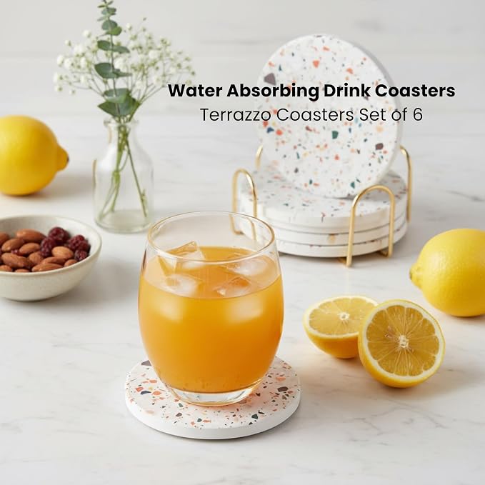 Terrazzo Coasters Set of 6, Colorful Boho Absorbent Ceramic Coasters | Speckled - Image 6