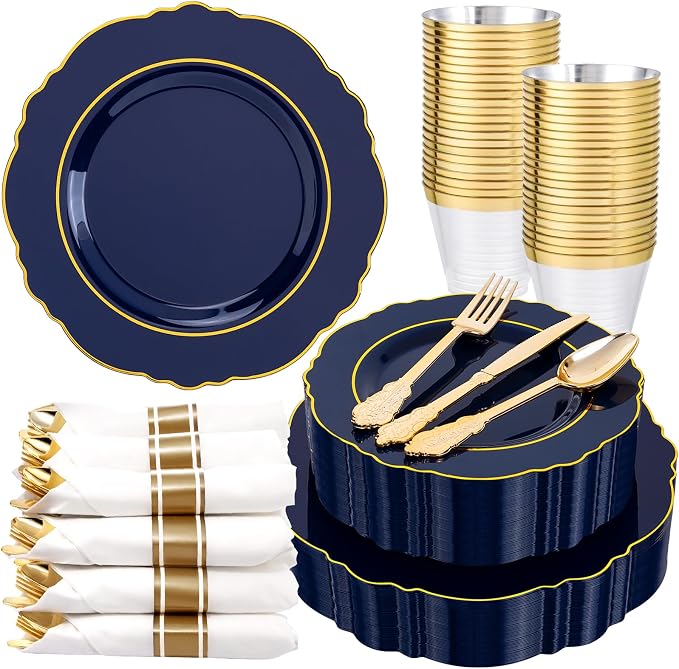 350PCS Navy Blue Plastic Patriotic Plates-Disposable Blue Gold Plates 50guest by Liacere