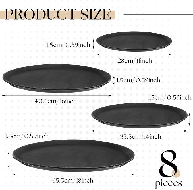Zopeal 8 Pieces Black Round Restaurant Serving Tray, Plastic Non Slip Surface - Image 2