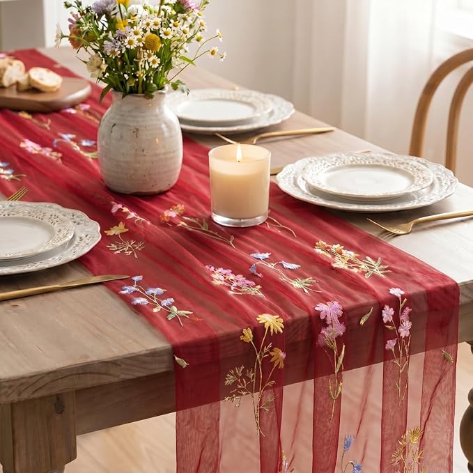 Artoid Mode Wildflower Floral Red Gauze Embroidery Table Runner 120 Inch 10FT - Image 4