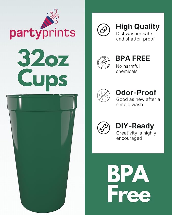 PartyPrints 100 Pack 32 oz Kelly Green Reusable Blank Plastic Cups, Colored - Image 2