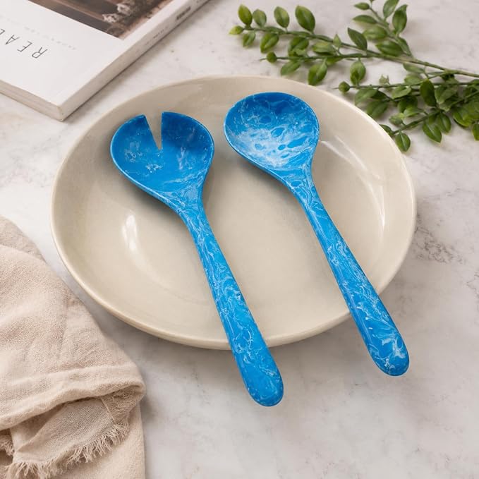 SS Craft Blue Marbled Resin Salad Server Set – Lightweight Serving Spoon & Fork - Image 2