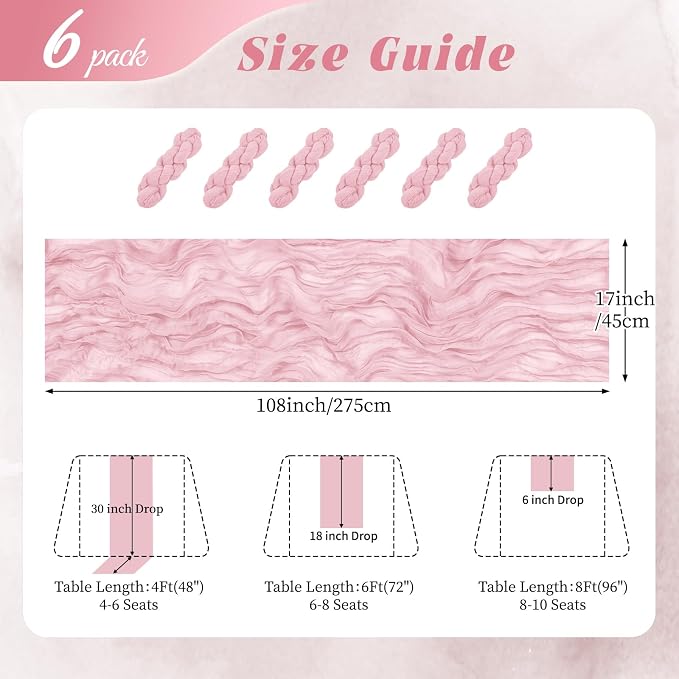 6 Pack Light Pink Cheesecloth Table Runner 17x108 Inch Semi Sheer Boho Gauze - Image 2