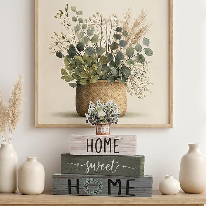 Cinnvoice 4 Pcs Farmhouse Wooden Tabletop Decor Green Eucalyptus Leaves Spring - Image 4