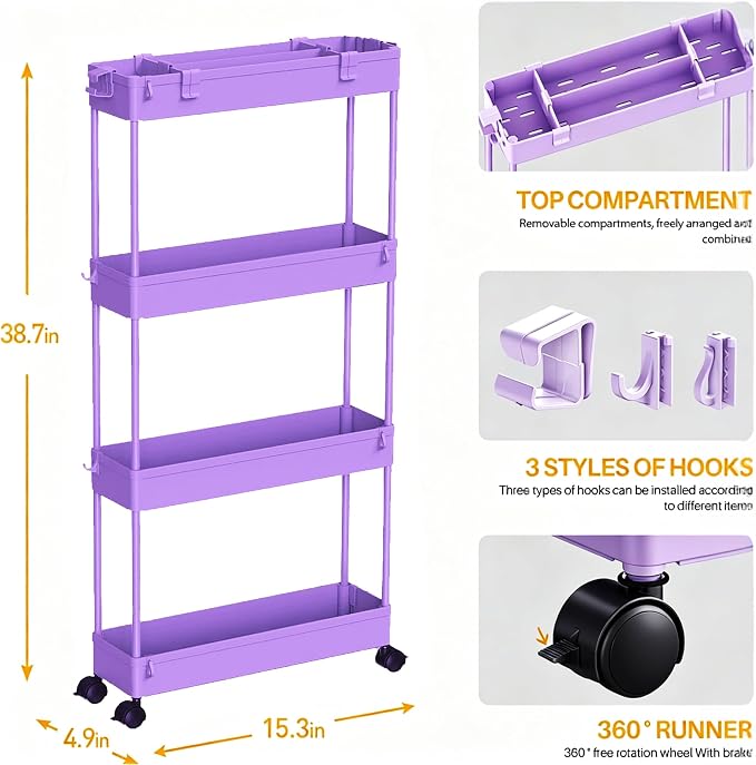 2-piece Set Slim Storage Cart 3 Tier, Bathroom Organizer Rolling Utility - Image 8