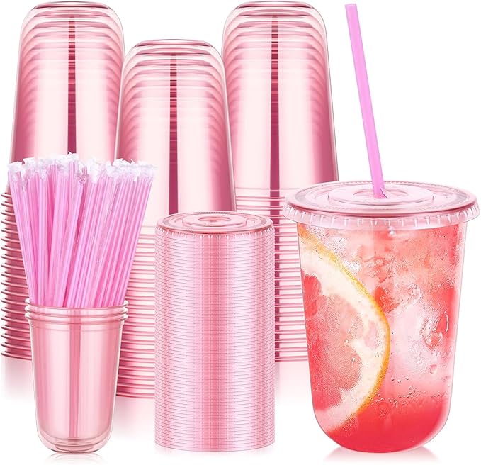 KesaPlan 100 Pack 16 oz Pink Plastic Party Cups by KesaPlan