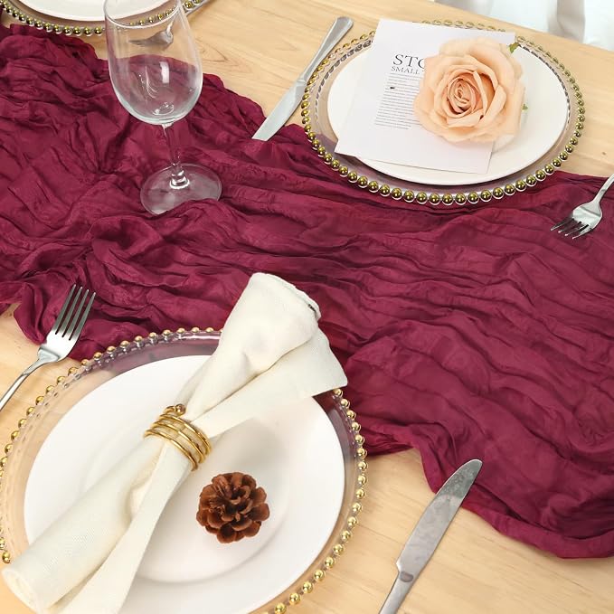 6 Pack Burgundy Red Cheesecloth Table Runner 120 Inch Boho Wedding Decor | - Image 5