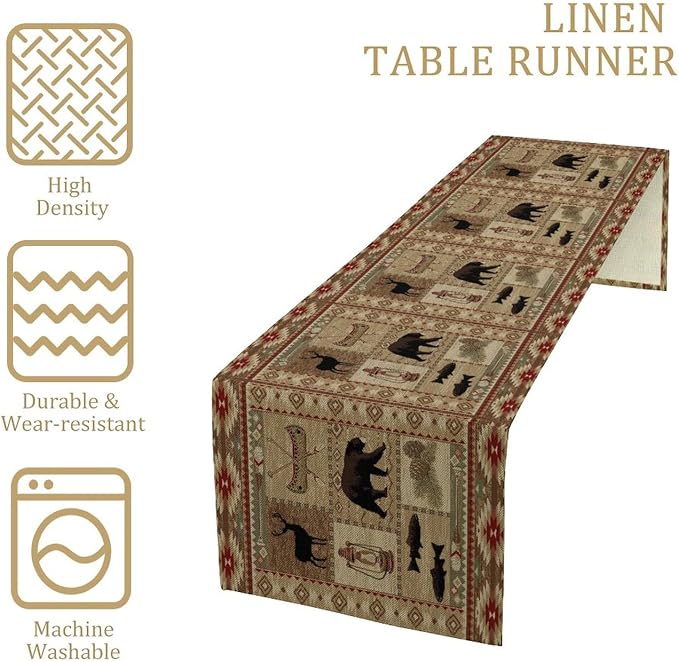 Vintage Rustic Cabin Bear Table Runner, Cottage Country Style Pine Tree Elk - Image 4