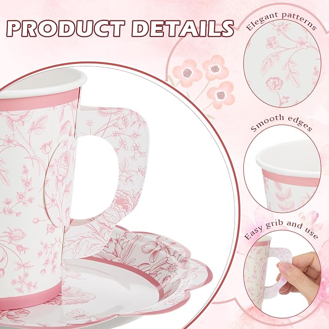 FillTouch 100 Sets Pink Floral Paper Tea Cups and Saucers Disposable Paper Tea - Image 2