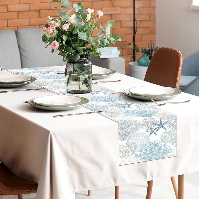 Linen Coastal Table Runner 13x71 Inch Blue Teal Summer Beach Nautical Table - Image 4