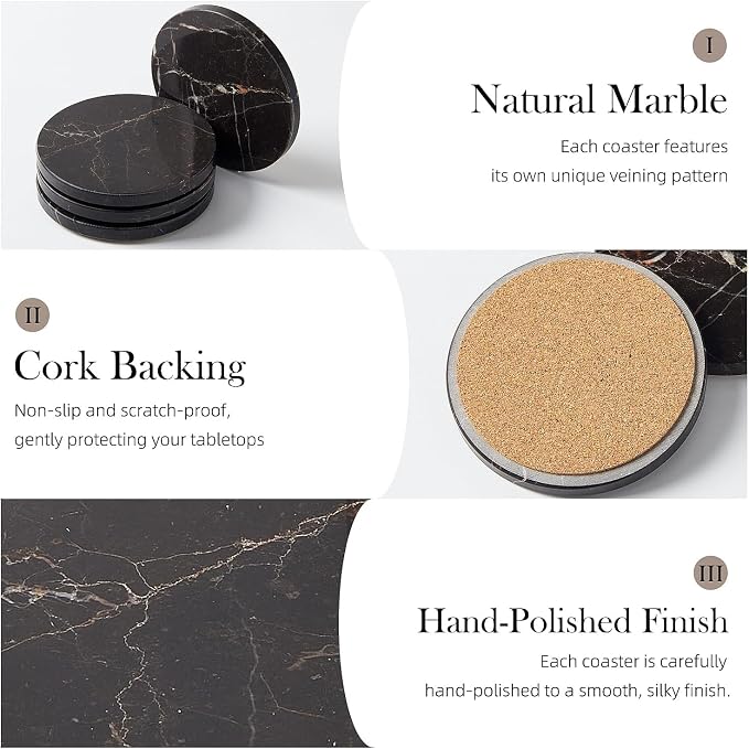 Natural Marble Coaster Set of 4.Round Drinks Coasters, Non-Ceramic/Non-Resin | - Image 4