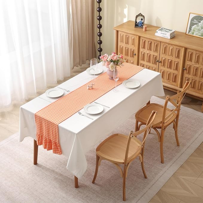 Orange White Plaid Gingham Ruffle Table Runner 108 inches Long 100% Washed - Image 2