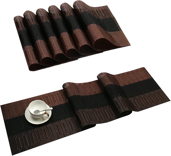 SHACOS Placemats with Table Runner Set of 7 Woven Vinyl Plastic Wipe Clean Heat by SHACOS