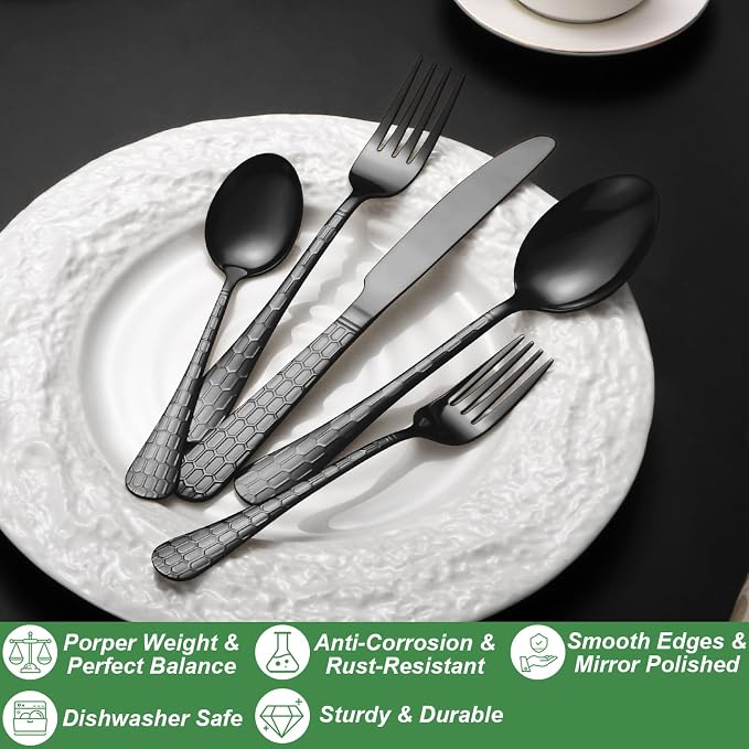 20 Pcs Black Silverware Set for 4, Food Grade Stainless Steel Flatware Set - Image 3