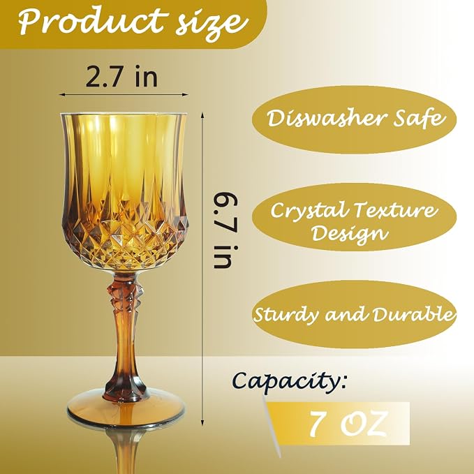 12Pack Plastic Wine Glasses, 7oz Vintage Goblets - Image 2