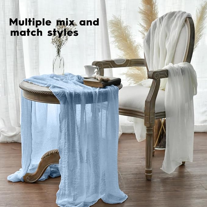 Artoid Mode Boho Cheesecloth Gauze Ice Blue Wedding Table Runner, 120 Inch - Image 4