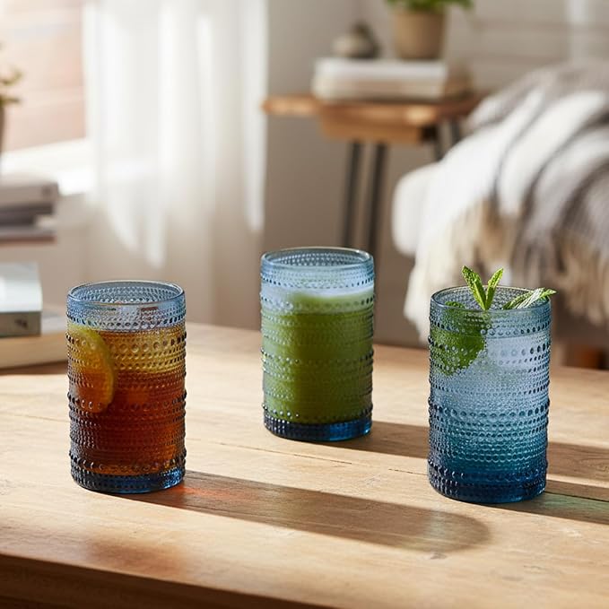 Moretoes 12 Oz Vintage Hobnail Drinking Glasses Set of 6 | Blue Highball - Image 5