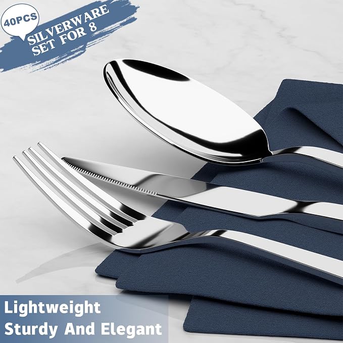 Yoehka 40 Piece Silverware Set, Stainless Steel Flatware Set - Image 2