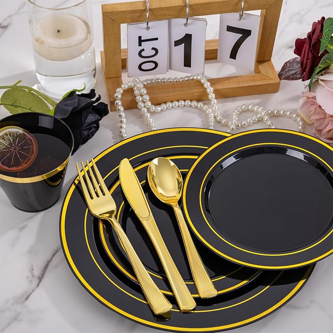 WELLIFE 600 PCS Black Gold Disposable Dinnerware Set - Image 5