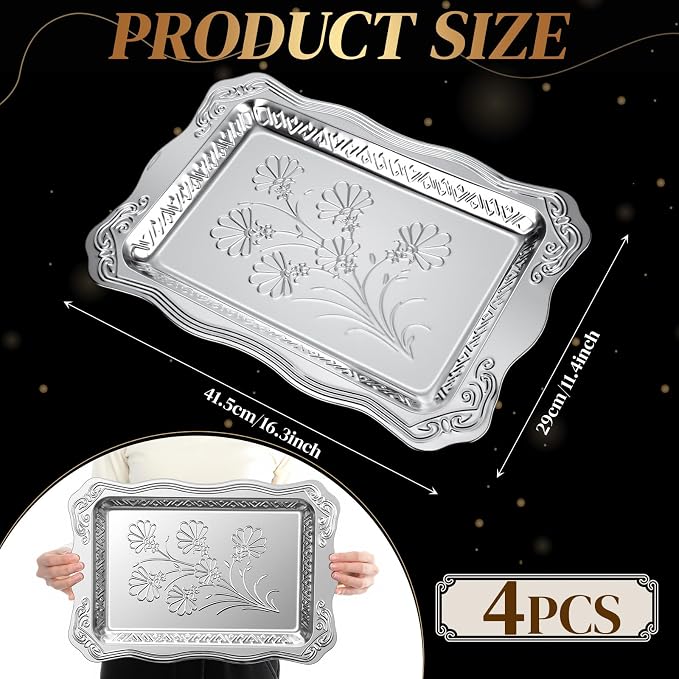 4 Pack 16.3" x 11.4" Large Silver Serving Trays - Image 2