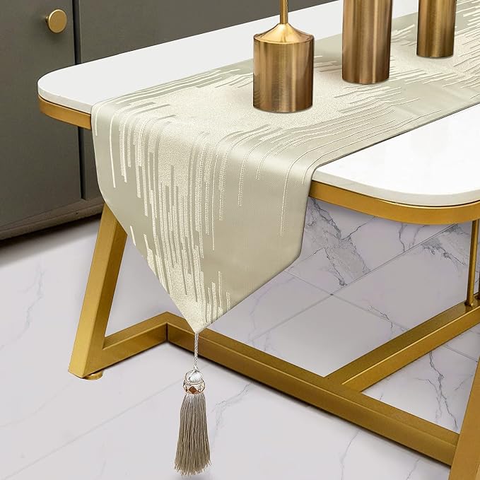 Luxury Beige Table Runner 120 Inches Long, Modern Geometric, Elegant Tassel | by Fullony