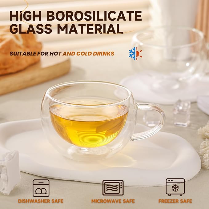 Double Wall Insulated Glass Tea Cups Set of 2, Glass Teacups Coffee Mugs - Image 4