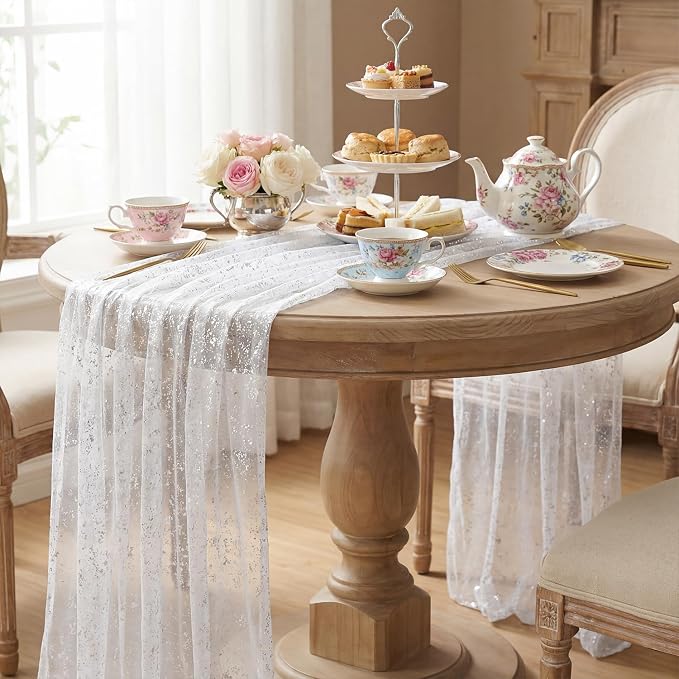 Artoid Mode White Silver Gauze Table Runner 59x120 Inch 10FT, Glitter Metallic - Image 4