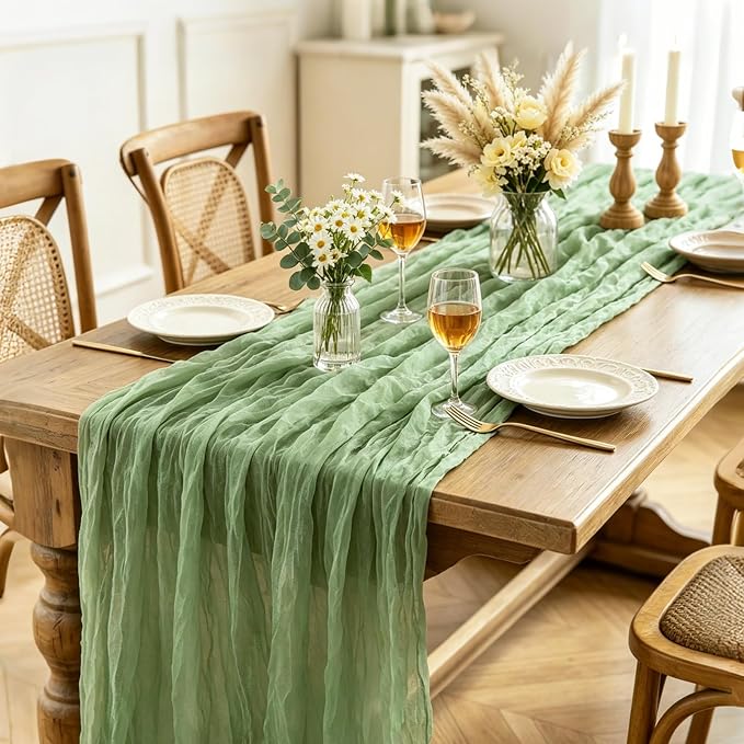 3Pcs Sage Green Cheesecloth Table Runner, 10FT Rustic Green Boho Gauze Table - Image 4