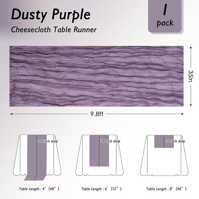 3 Pack Dusty Purple Cheesecloth Table Runner 120 Inch Boho Wedding Decor | - Image 2