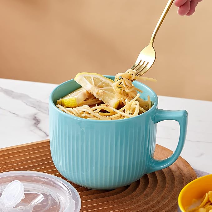 Ceramic Soup Bowl with Handle & Lid, 32oz Microwave Ramen Bowl Set of 2 | Blue - Image 3