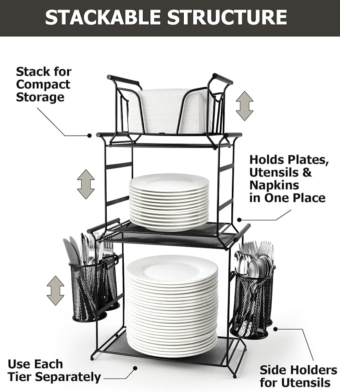 HULISEN 3-Tier Buffet Caddy, 7-Piece Paper Plate & Utensil Holder - Image 6