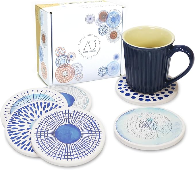 AD Set of 6 Coasters for Drinks Absorbing Round Ceramic Stone Coaster - Image 2