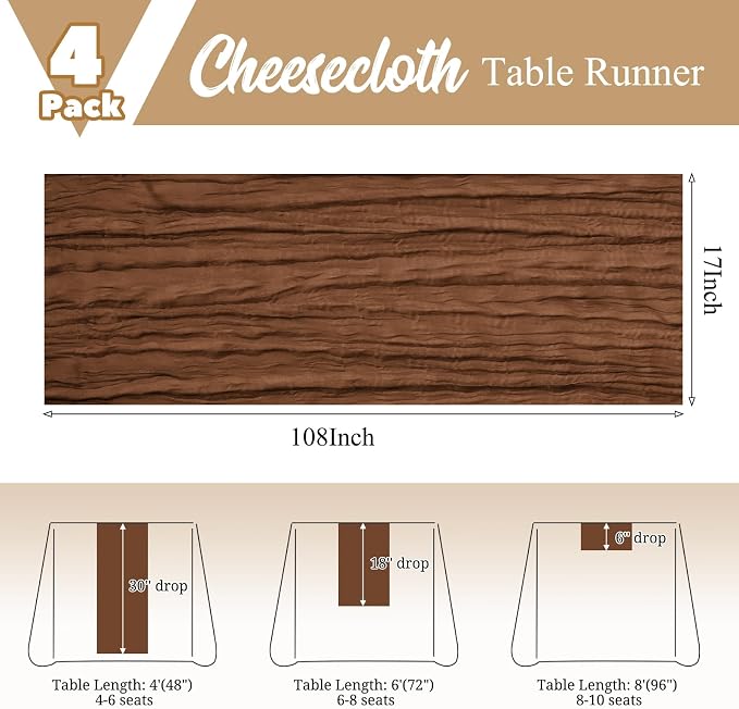 4 Pack Brown Table Runner 17 x 108inch Cheesecloth Table Runner Boho Gauze - Image 3