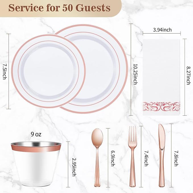 BESTVIP 350 PCS Rose Gold Disposable Plastic Dinnerware Set - Image 4