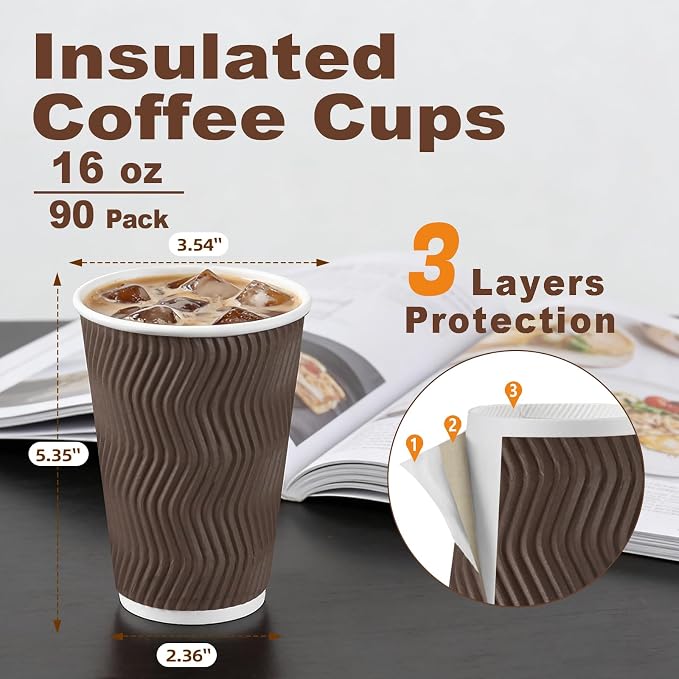 BYSNOW 90 Pack 16 oz Coffee Cups, Insulated Disposable Hot Paper Cups | - Image 2