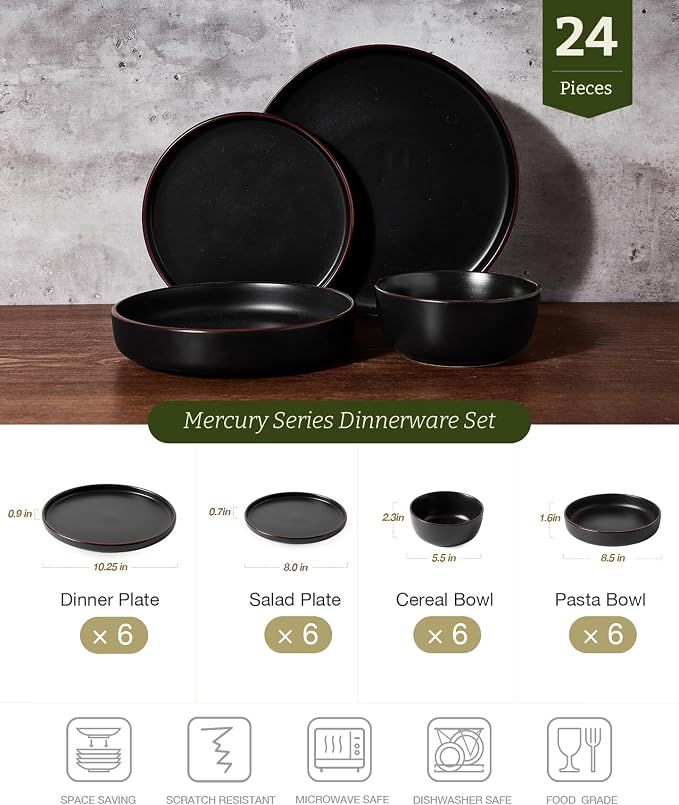 Famiware Mercury 24-Piece Stoneware Plates and Bowls, Matte Black | Dinnerware - Image 2