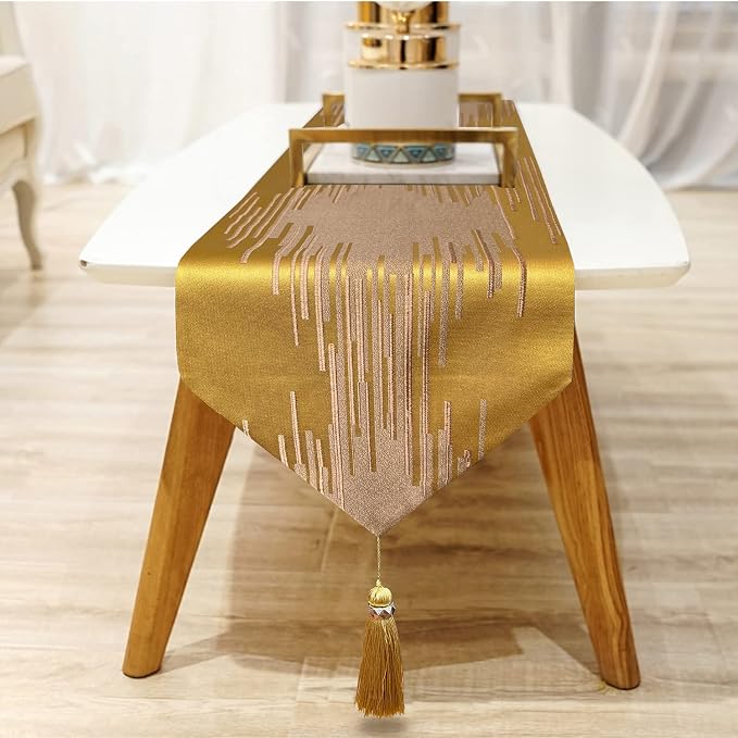 Luxury Gold Texture Table Runner, Modern Abstract Striped, Tassel | Table - Image 4