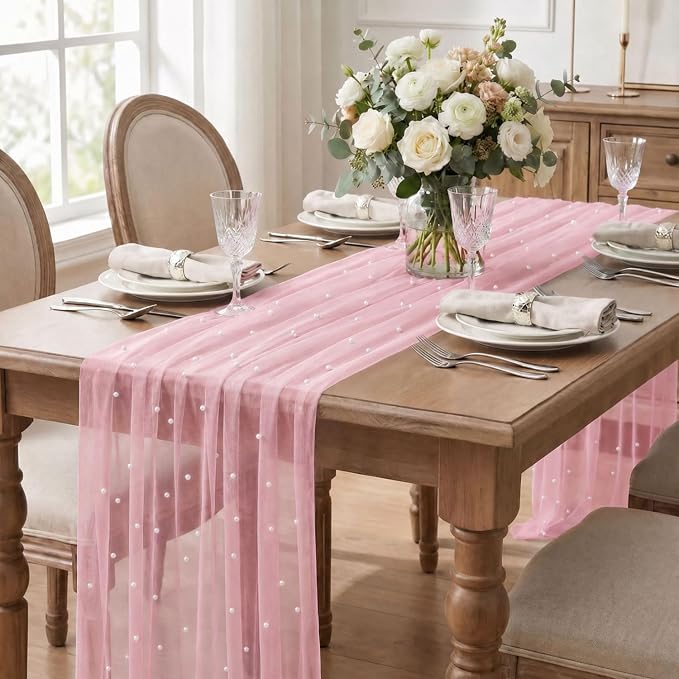 Artoid Mode Pearl Pastel Pink Gauze Table Runner 120 Inch 10FT, Seasonal Sheer - Image 2
