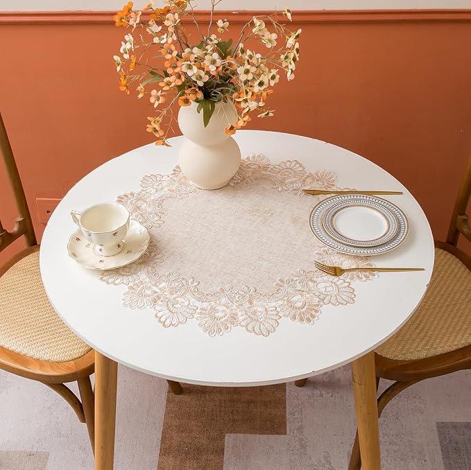 European Antique Jacquard Lace Table Doilies, Small Farmhouse Linen Embroidered - Image 3