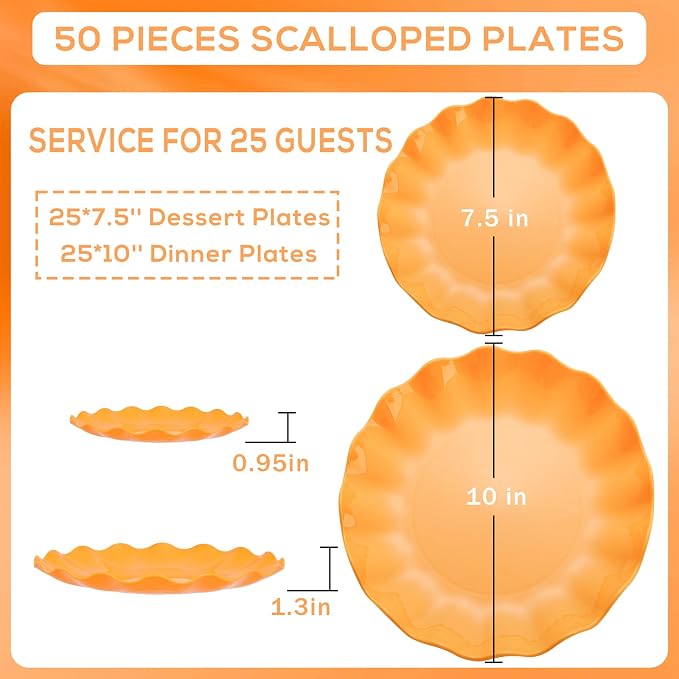 LIYH 50 Pcs Orange Scalloped Plastic Plates, Unbreakable Dishwasher Safe | BPA - Image 3