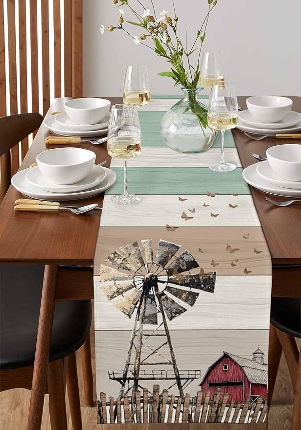 Farmhouse Windmill Table Runners 72 Inches Long, Cotton Linen Fabric Table - Image 2