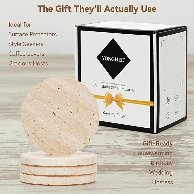 Travertine Drink Coasters Set of 4, Neutral Beige, 4 Inch Round | Modern Rustic - Image 6